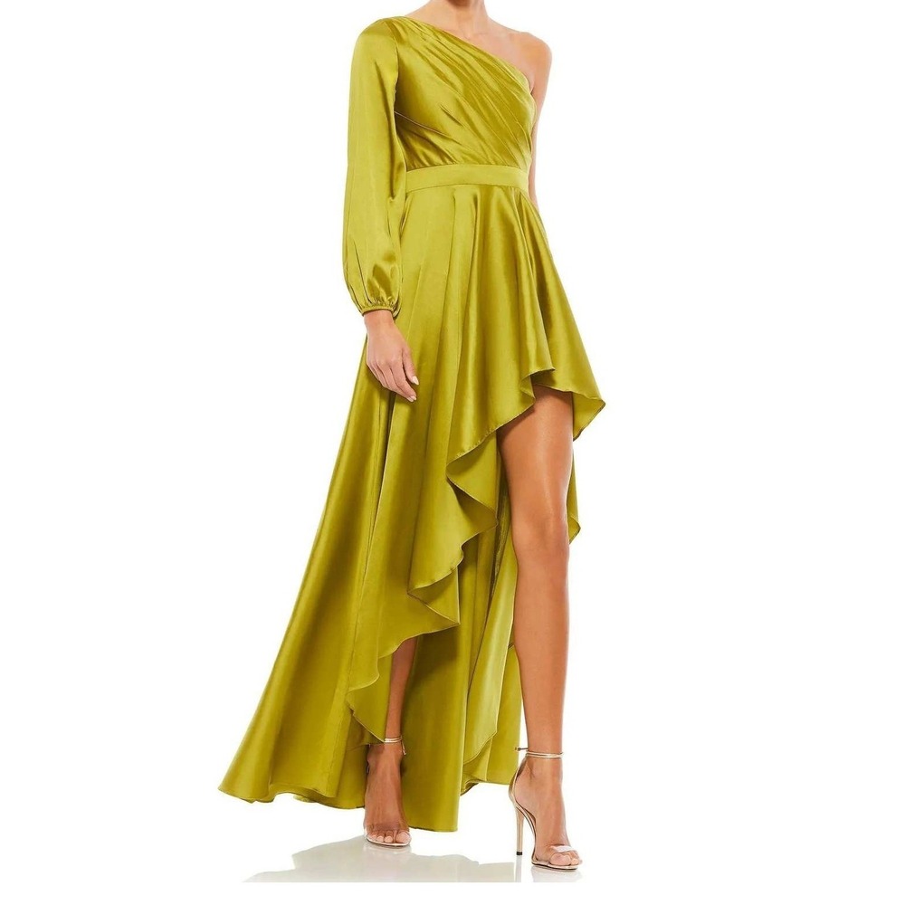 Mac Duggal A49141 Chartreuse Satin One Shoulder High Low Gown Dress Size 6